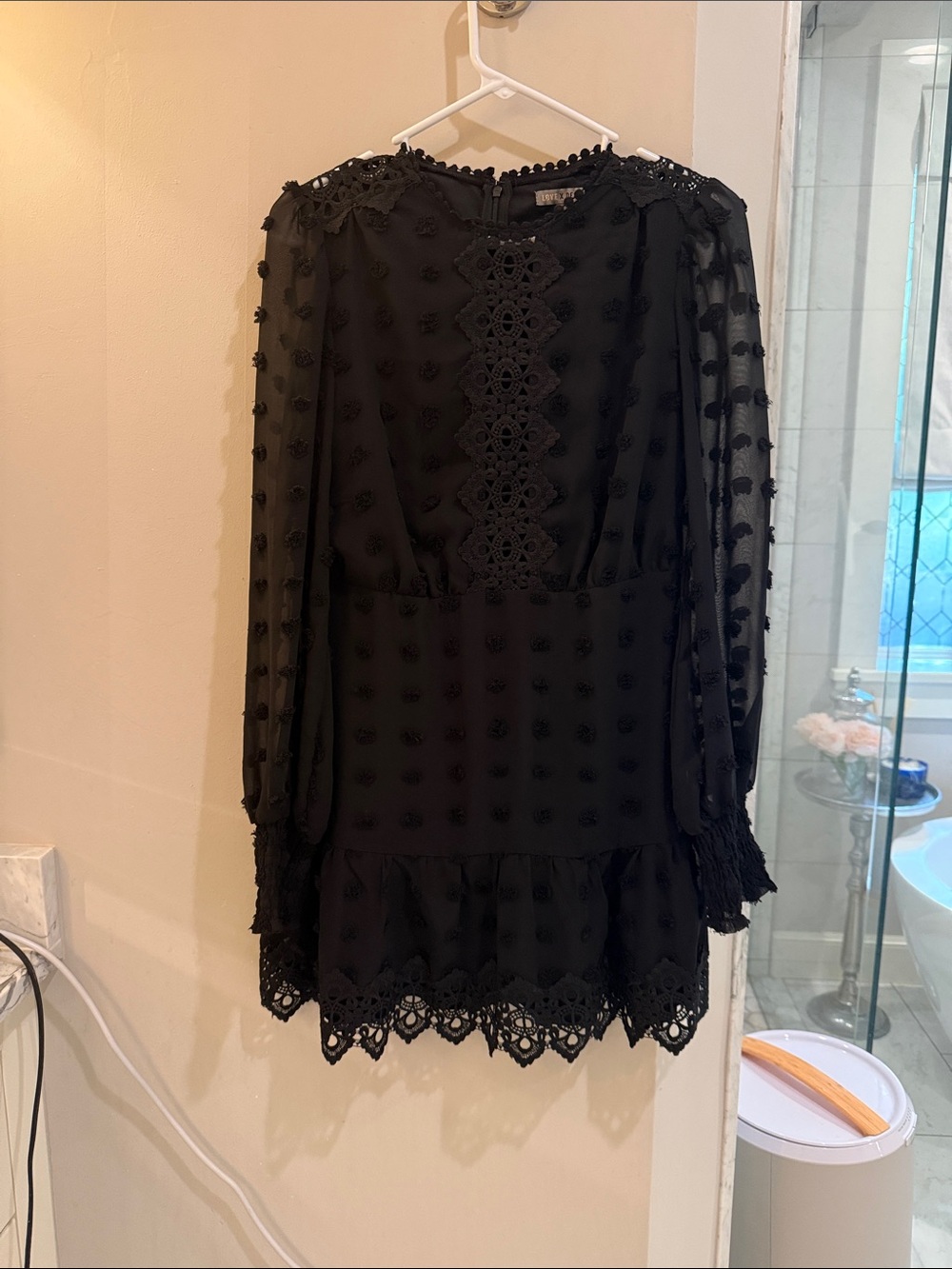 Love by Design Women’s Black Long Sleeve Lace-Trim Mini Dress